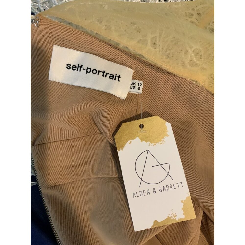 Self-Portrait White Lace Tan Mesh Collared Long Sleeve Fit & Flare Dress, Size 8 - Picture 8 of 8